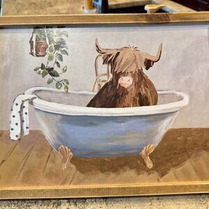 Highland Cow In Bath Tub framed canvas wall art
